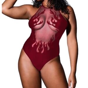 Flame Licked Deep Wine Bodysuit Leotard X Back XXL